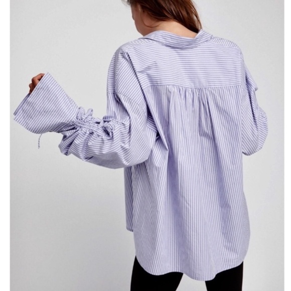 Free People Ruched Sleeve Blue Striped Collar Button Down Shirt - Picture 3 of 9